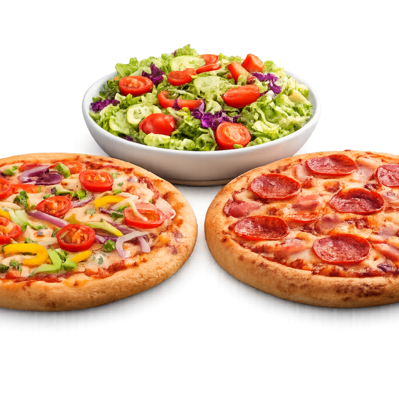 Zwei kleine Pizzen und ein gemischter Salat