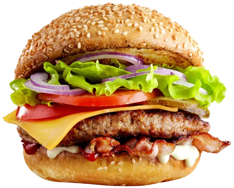 Saftiger Burger mit Käse, Bacon, Salat und Tomate